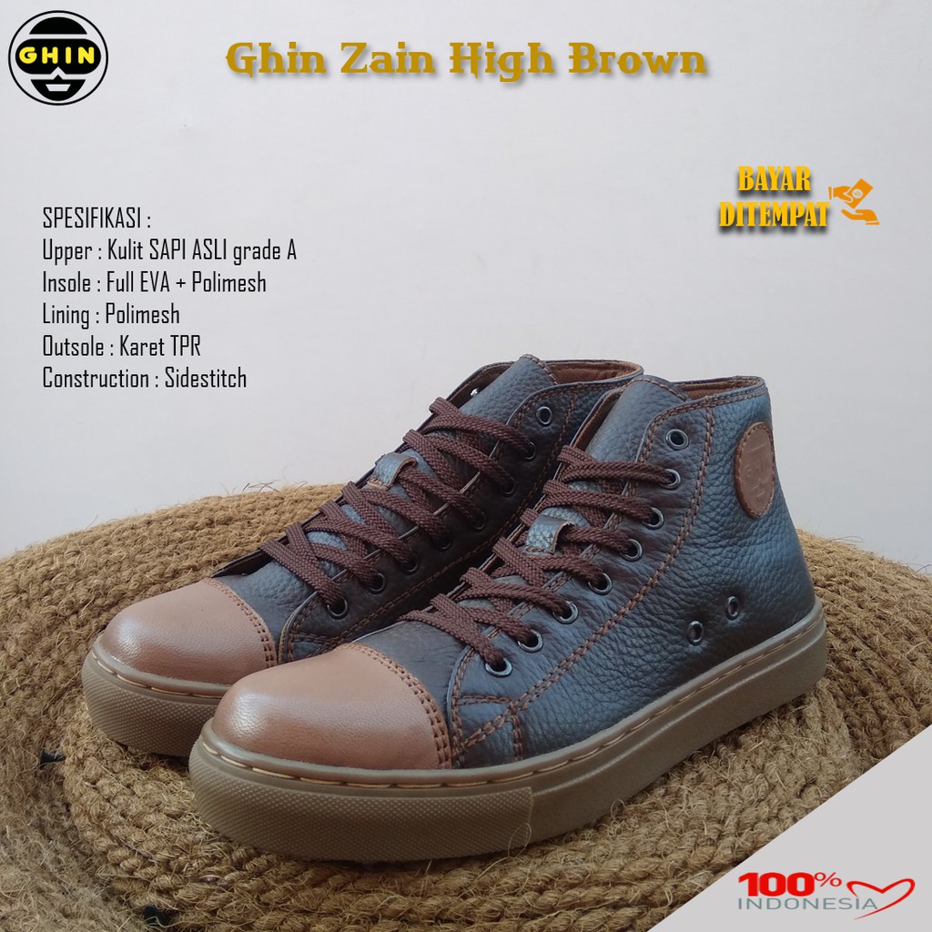 Sepatu Snakers Casual Pria Wanita Kulit Asli Original Ghin Zain High Brown GHIN