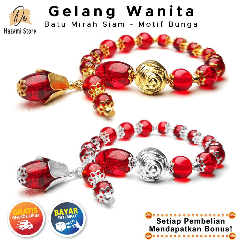 BISA COD Gelang Wanita Batu Mirah Siam Motif Bunga Korea Emas Putih Keren Tali Elastis Merah Terbaru