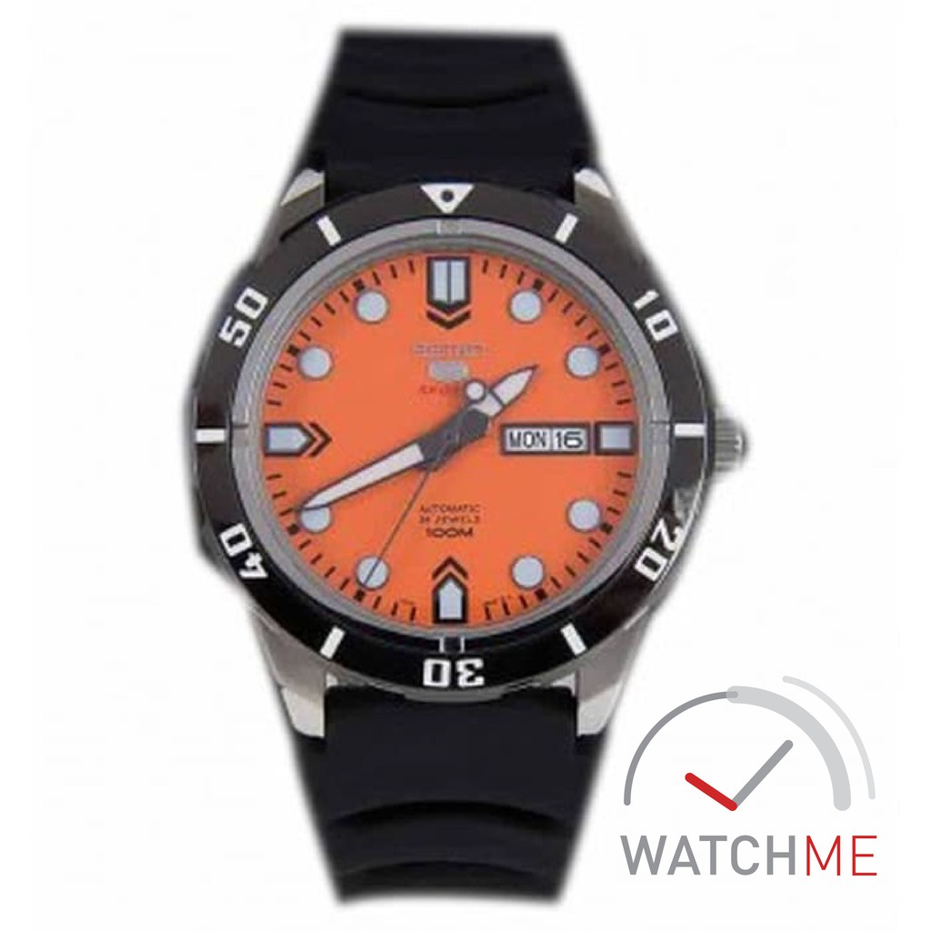 Jam Tangan Seiko 5 SRP675K1 Automatic Sport Orange DIal 100m Black Rubber Strap Original Bergaransi