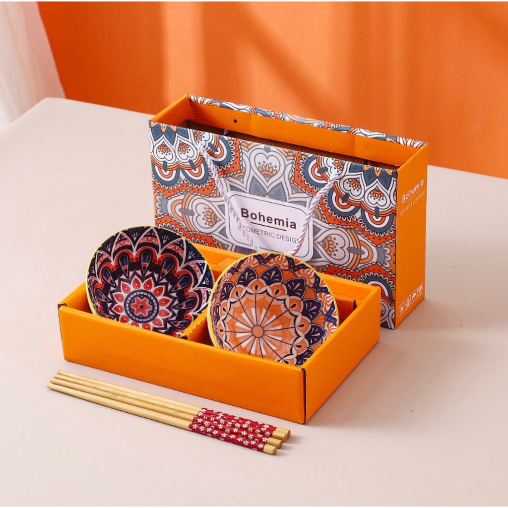 2mangkuk + 2pasang sumpit Japanese Bowl Set Mangkok Sumpit Set Alat Makan Gaya Jepang Souvenir Kado Bingkisan Mangkuk