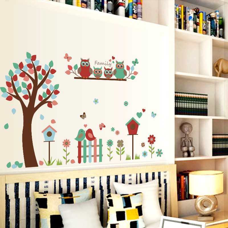 RELIZA WALL STICKER POHON OWL BIRD BURUNG ANAK KIDS STIKER DINDING SK9162