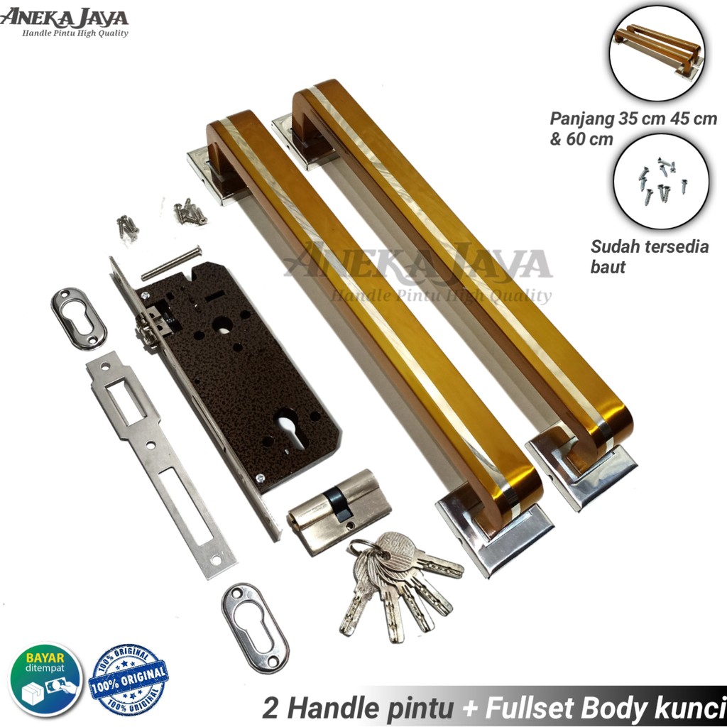 1 satu set handle kunci pintu rumah panjang 35 cm 45 cm 60 cm / Gagang pintu rumah warna gold emas