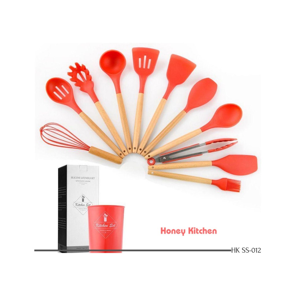 HONEY KITCHEN PREMIUM SILICONE KITCHEN UTENSIL SET 11 PCS GAGANG KAYU