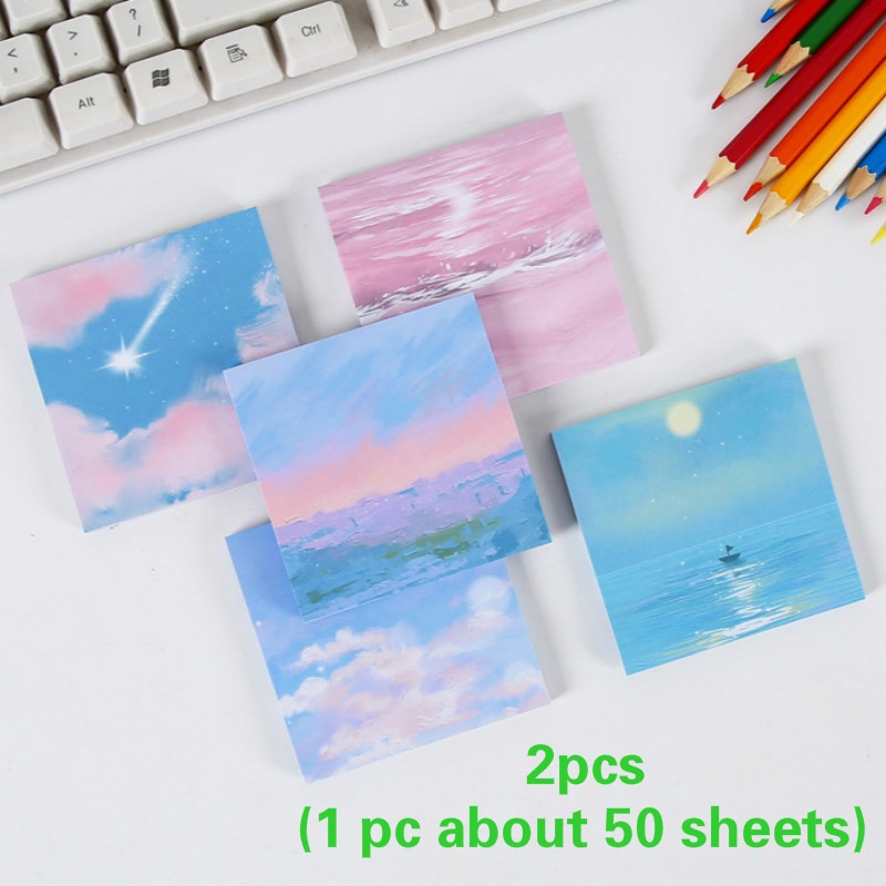 2pcs Sticky Notesmemo Pad Motif Lukisan Mataharibulanbintang Landscape Untuk Pelajarkantor
