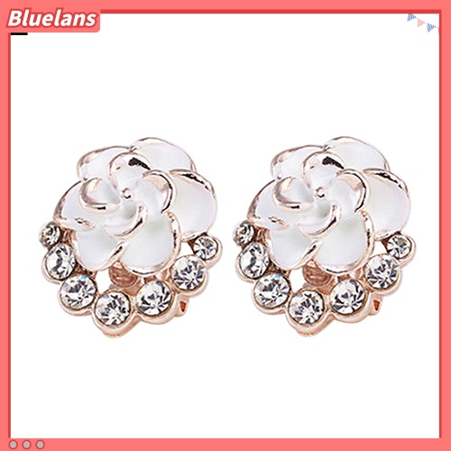 Bluelans Women Peony Camellia Flower Rhinestones Alloy Ear Stud Earrings Party Jewelry