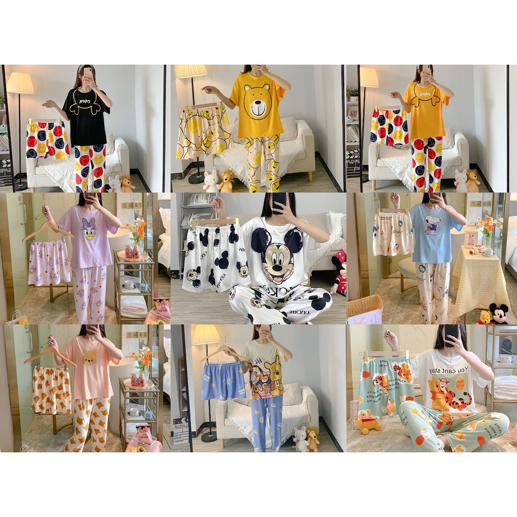 piyama 3in1 set baju tidur wanita dewasa import lengan pendek celana panjang dan celana pendek