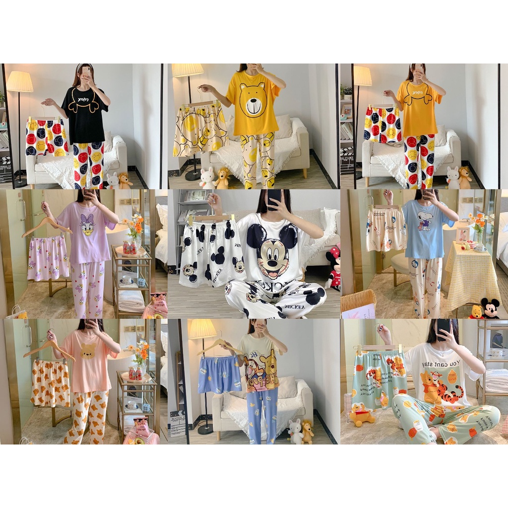 piyama 3in1 set baju tidur wanita dewasa import lengan pendek celana panjang dan celana pendek