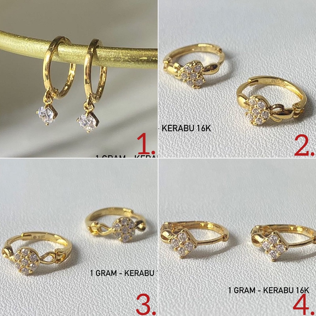 anting anak dan dewasa emas asli kadar 700 70 16k gipsy gipsi bulat gantung permata 1 jepit love halo wajik permta kerabu giwang ringan 1 satu gram gr g gold earrings