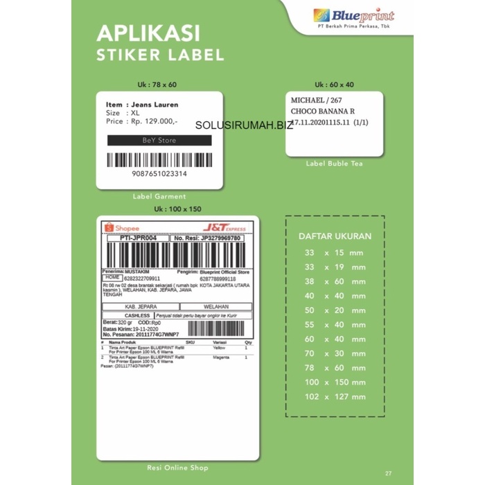 KERTAS STICKER LABEL PRINTER BARCODE 78 X 100 MM THERMAL stiiker 1line