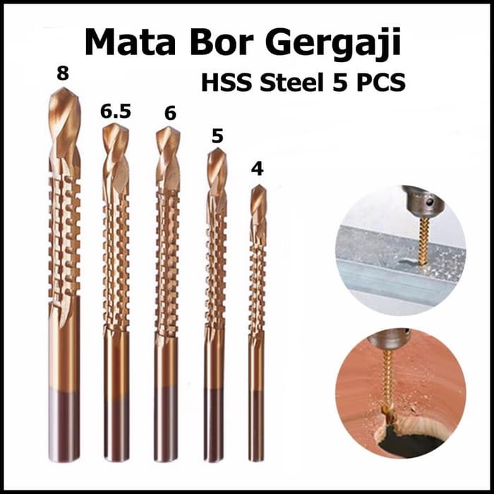 Set Mata 5 pcs Bor Gergaji HSS Drill Bits Titanium Coated 2 Fungsi