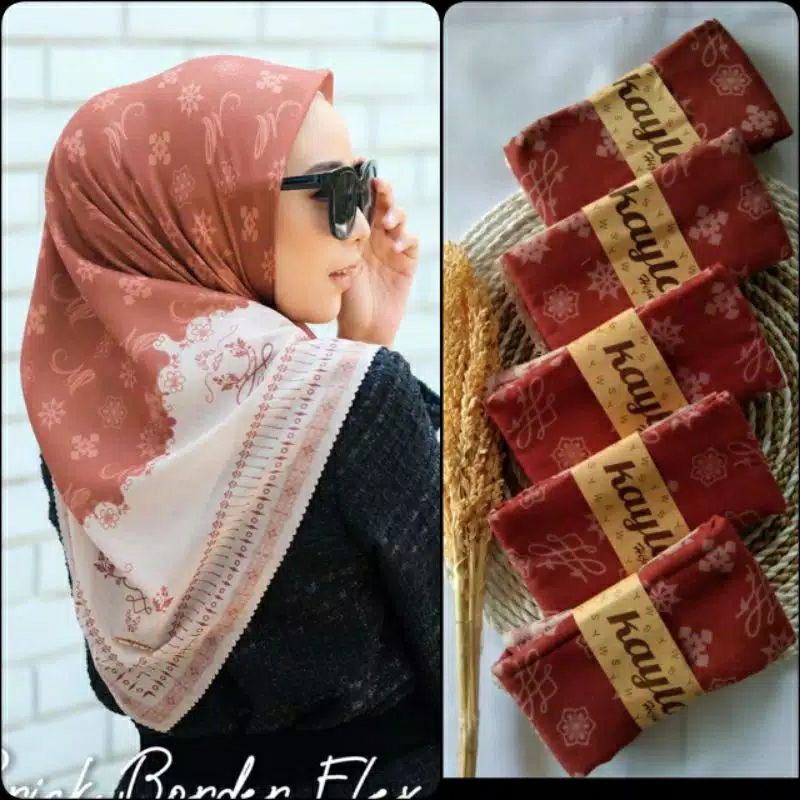 Hijab segi empat voal motif signature warna oren bata