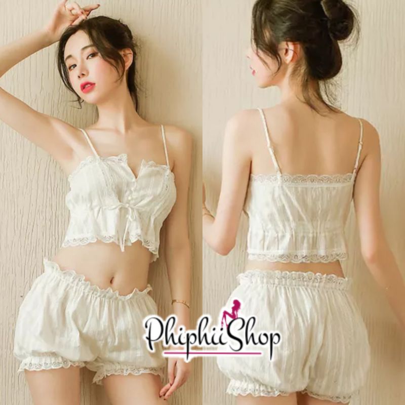 Baju tidur Model Vintage Eropa Set Camisol Tanktop Celana Pendek Piyama Sexy Lingerie