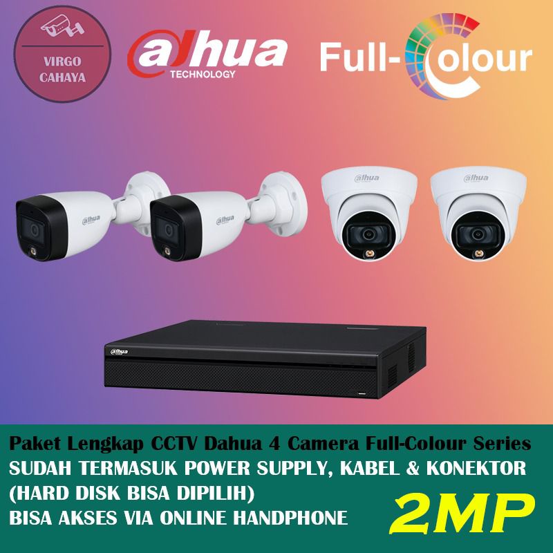 Paket Cctv Dahua 4Kamera/4Chanel Full Colour 2MP 1080P/Colorvu Lengkap Garansi 2Tahun