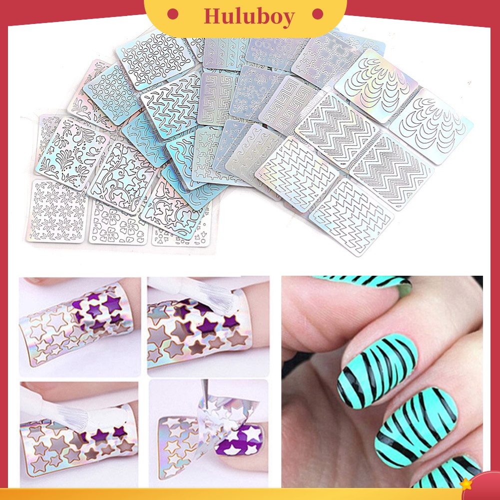 Huluboy Huluboy♡ 24pcs / Set Stiker Kuku Motif Hollow Bergelombang Untuk Manicure