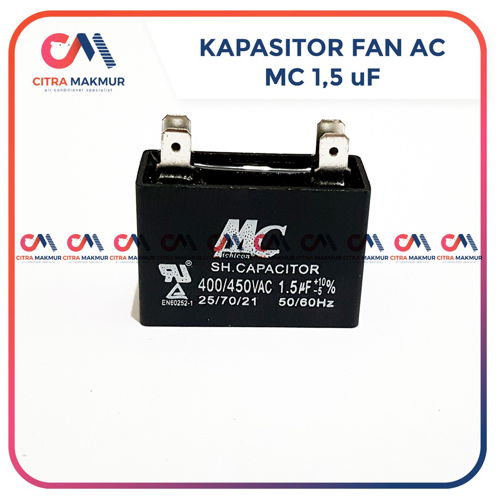 Kapasitor Fan AC 1.5 uf merk MC Kaki 4 Capasitor mikro Kipas Outdoor Mesin Air conditioner 1,5 kotak