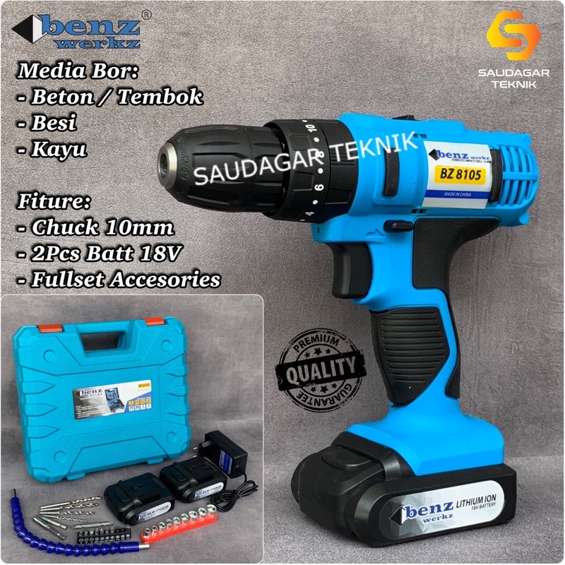 Mesin Bor Tembok Beton Baterai Batre 18V Benz Cordless Impact Drill Benz