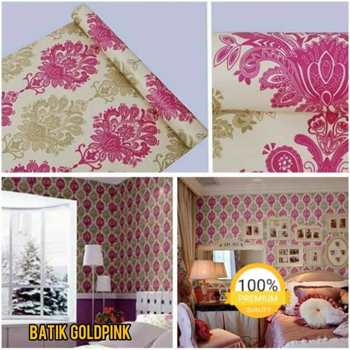 wallpaper dinding motif batik gold pink