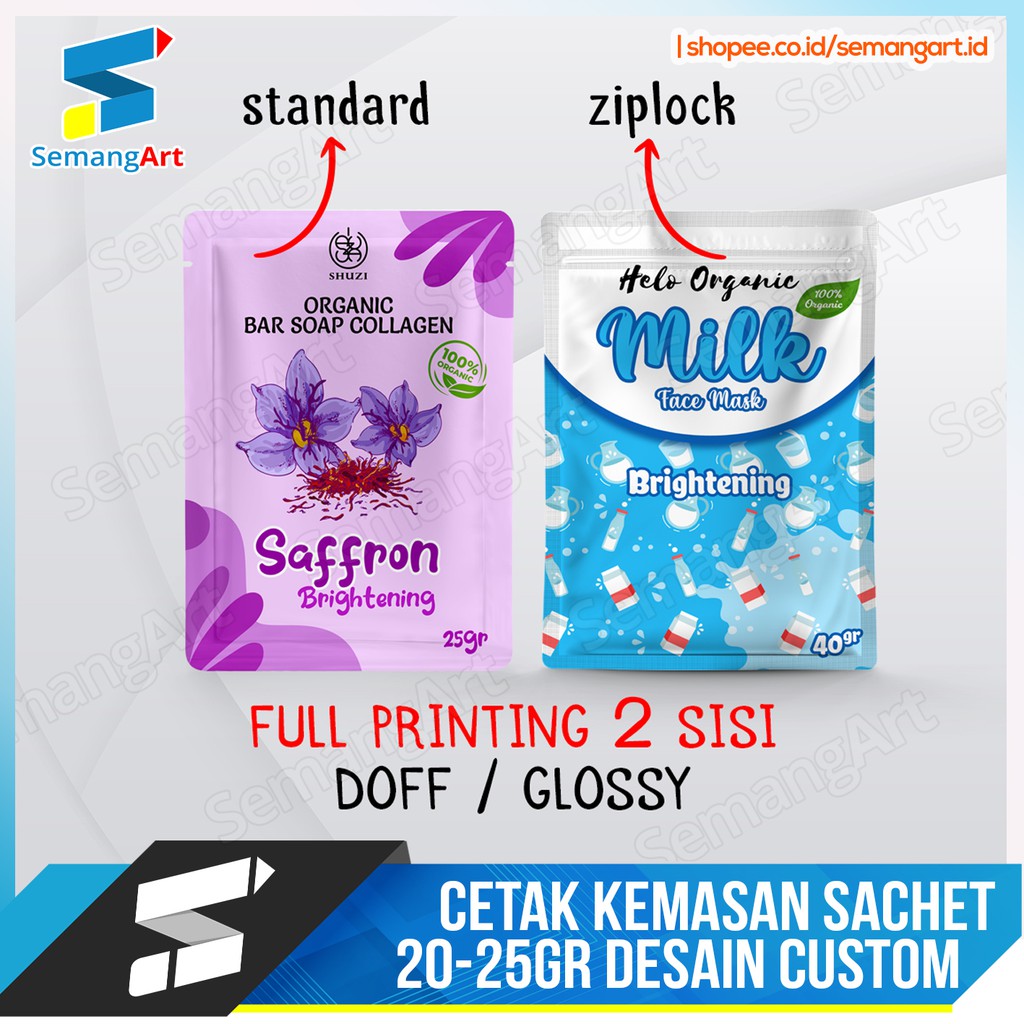 Cetak Kemasan Sachet Masker / Bungkus Makanan Desain Custom Ukuran 20-35gr