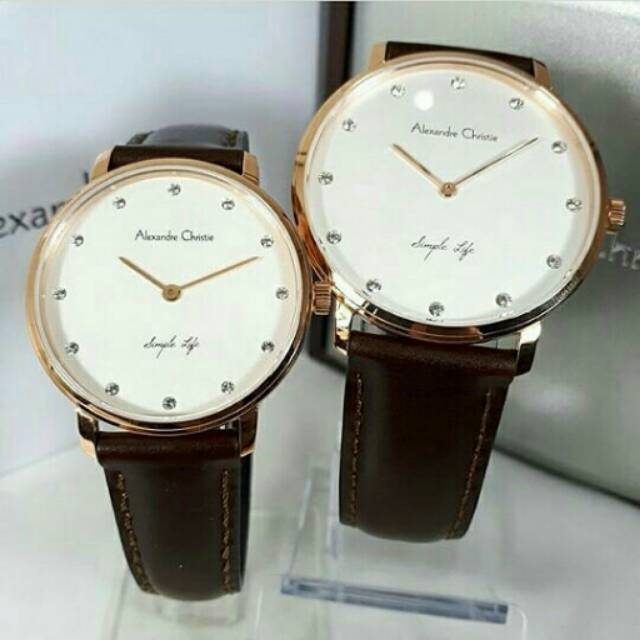 Jam Tangan Alexander Christie AC 8468 Couple Plat White Rosegold tali Brown Original
