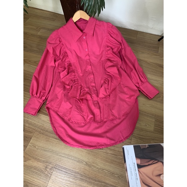 (SALE STOK) PREMIUM REALPICT BLOUSE ATASAN ruffle premium /Tunik fuschia
