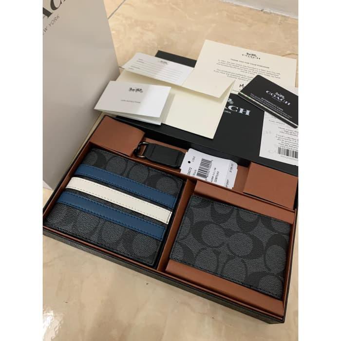 Coach Men'S Wallet F26072 Leather With Stripes Dompet Pendek Lipat Ori