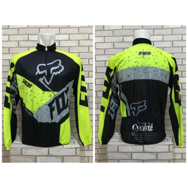 Jersey sepeda gunung MTB Roadbike XC motif foxx lengan panjang warna hitam stabilo