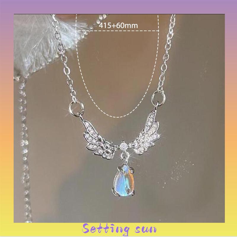 Sayap Malaikat Kalung Wanita Sederhana Berwarna Moonstone Niche Desain Rantai Paduan TN