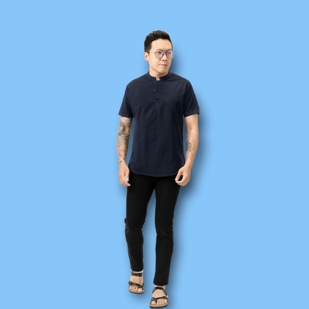 Baju kemeja PRIA Navy Biru DOngker POLOS lengan Pendek Kerah SHANGHAI CIANGI slimfit Murah