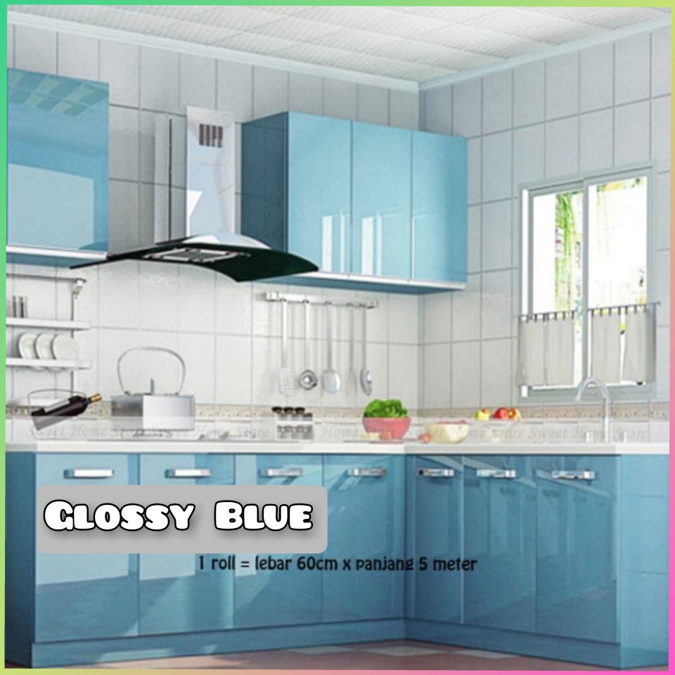 [GD] WALLPAPER PREMIUM GLOSSY BLUE BIRU POLOS STIKER DINDING MEJA STICKER KITCHEN SET DAPUR KITCHEN