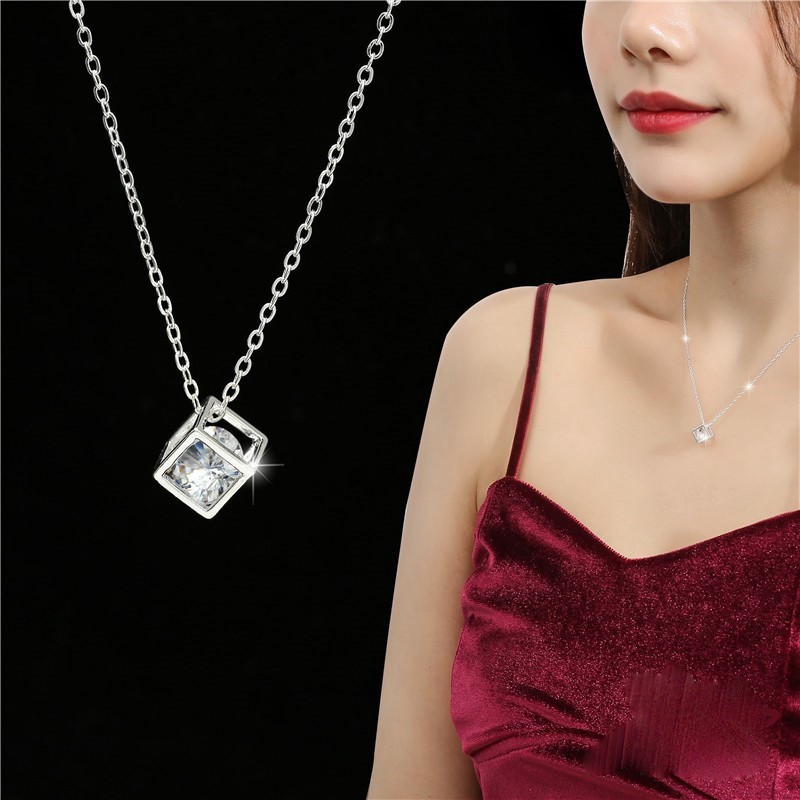 Kalung Kubus Kotak Mode Korea dengan Crystal Stone Zircon Pendant