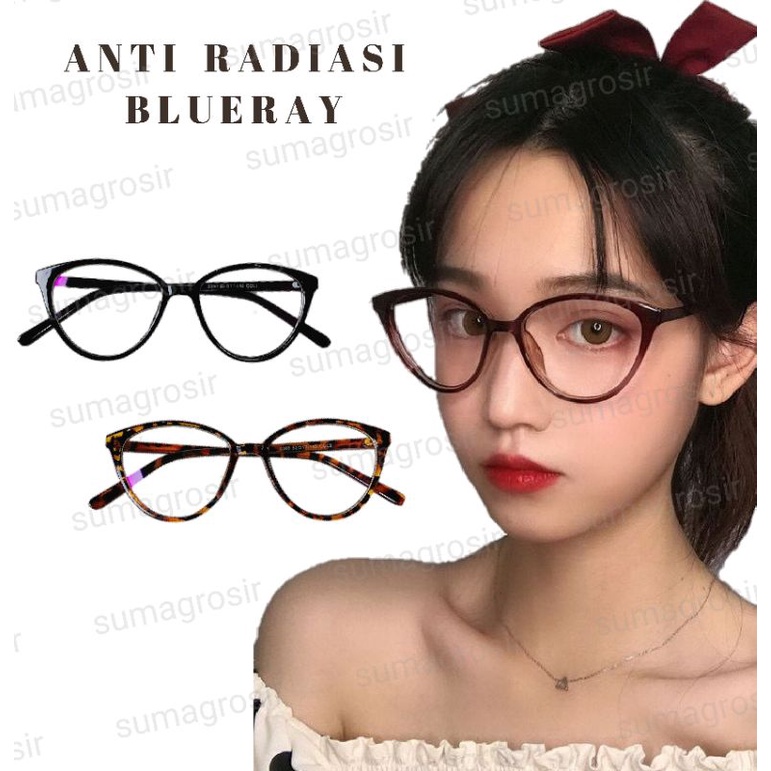 Kacamata Cat Eye Lensa ANTI RADIASI BLUERAY 100% (FREE POUCH + LAP) Model Kucing Fashion Wanita Kantor