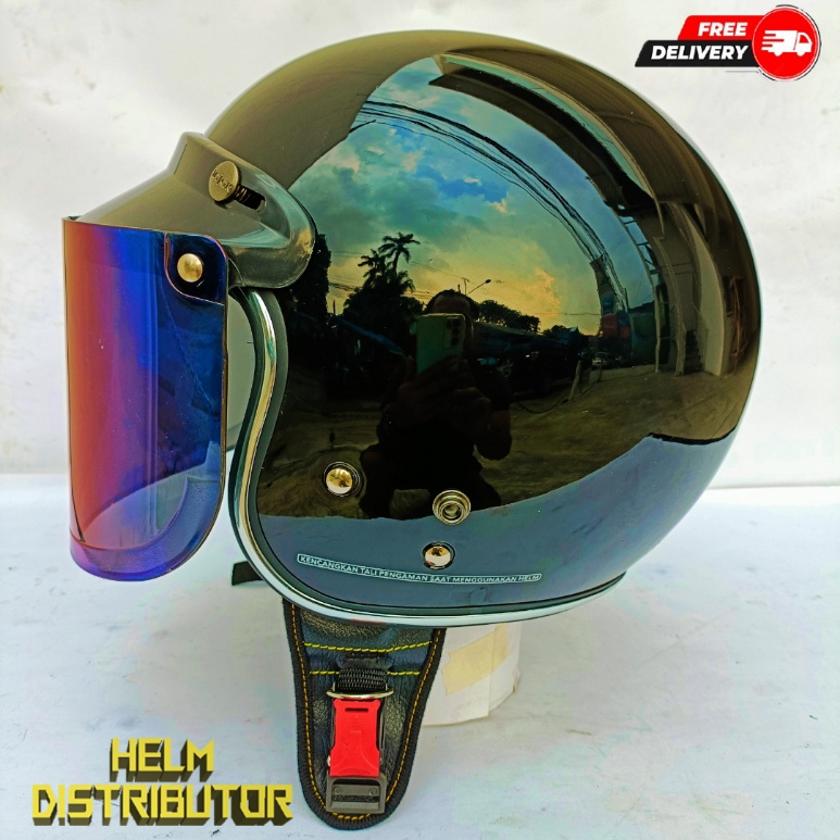 HELM BOGO RETRO KUALITAS PREMIUM LIS CHROME KACA DATAR FULL LEHER SNI DEWASA PRIA WANITA (COD)