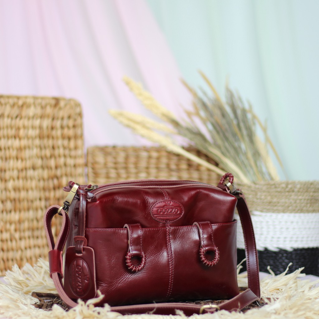 TAS KULIT WANITA SLEMPANG MOEL CITY SLING BAG MAROON / FREE GRAVIR NAMA DI GANTUNGAN TAS