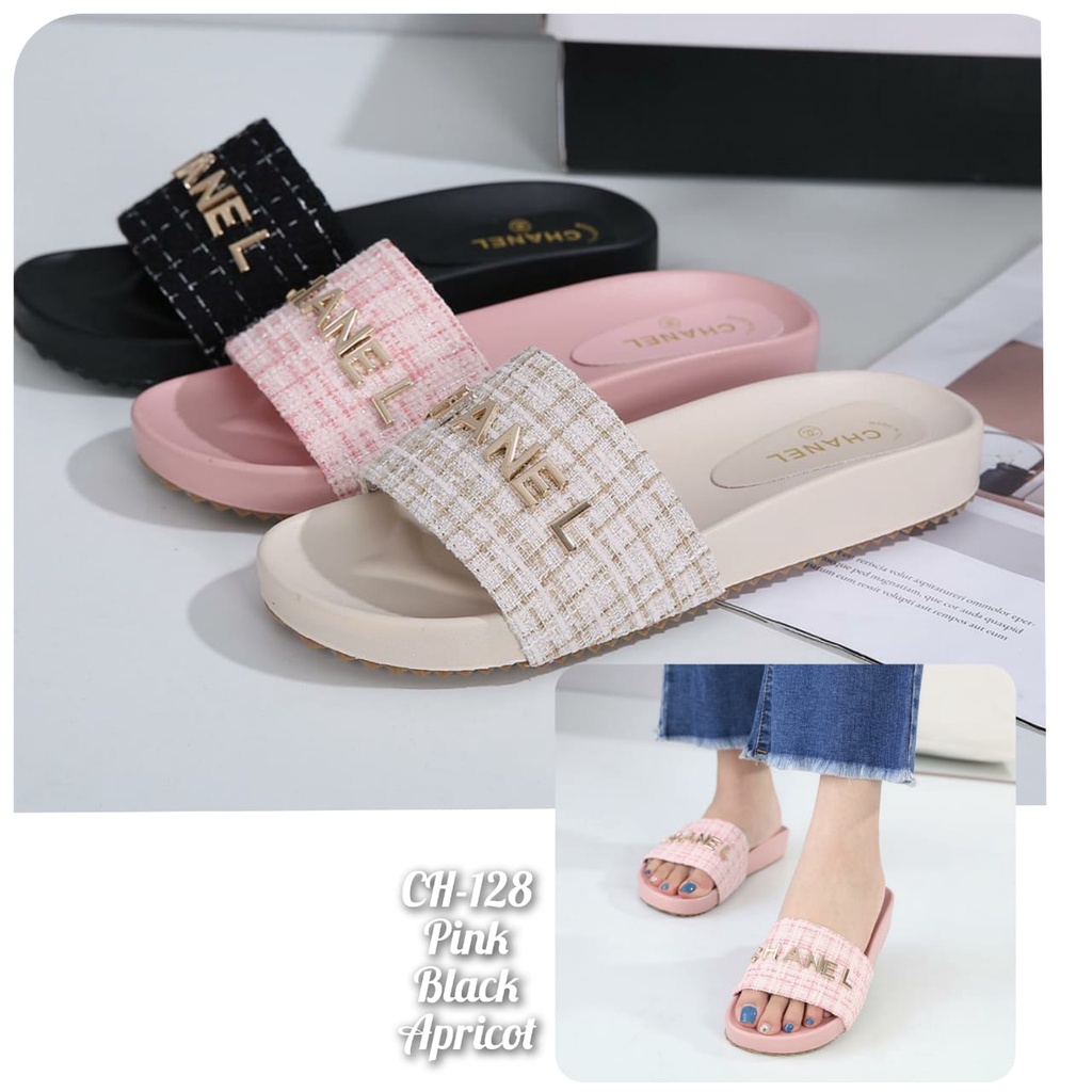 NEW ARRIVAL!!!  SANDAL WANITA SLOP IMPORT TERMURAH FLAT CHAN.  Kode: CH-128