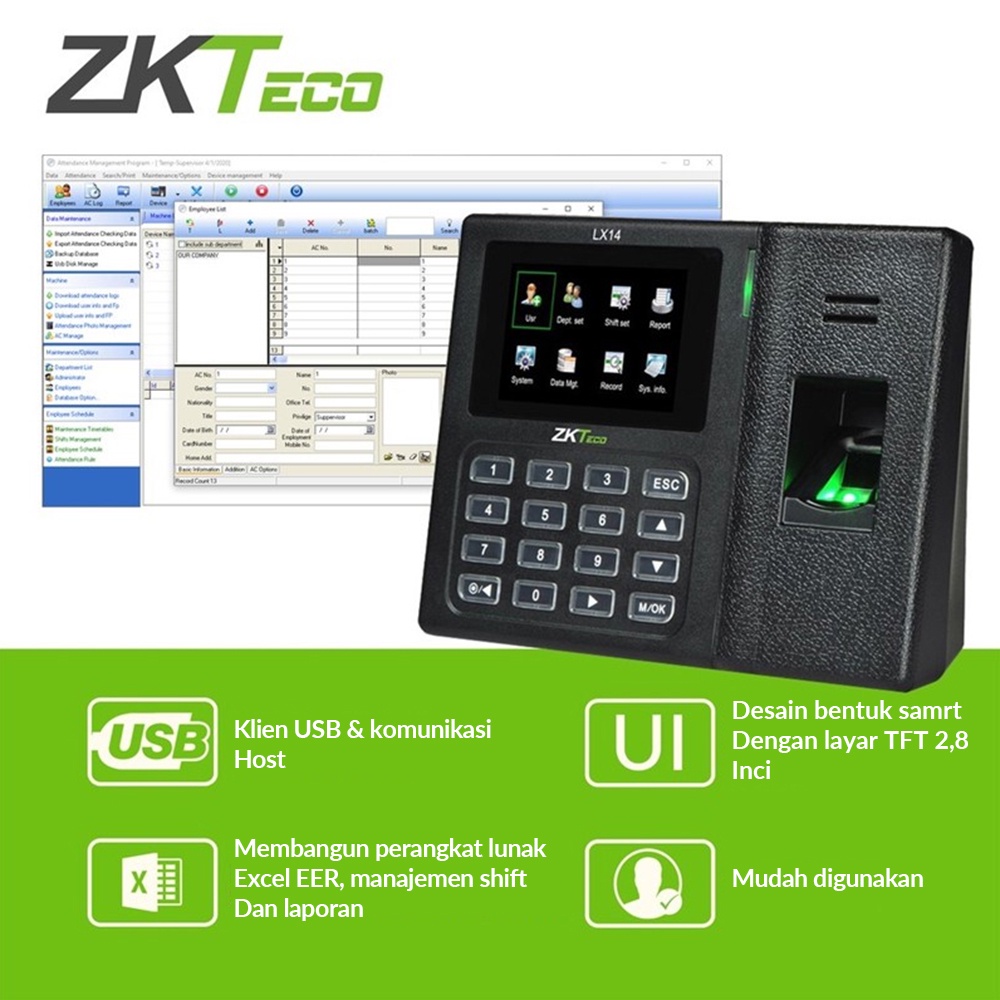 ZKTeco Mesin Absensi Sidik Jari LX14 USB tanpa perangkat lunak Bahasa Indonesia Fingerprint SSR Mesin Absensi