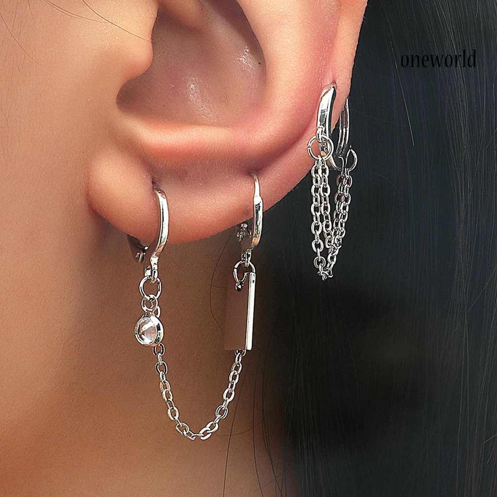 OW# 2Pcs/Set Chain Pendant Circle Alloy Piercing Asymmetric Ear Clips Hoop Earrings for Daily Life