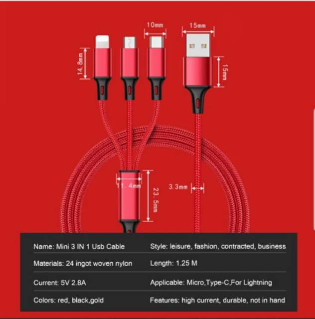 Kabel 3in1 setara fast charging kabel casan 3in1 kabel charger 3 kepala kabel powerbank CAB13