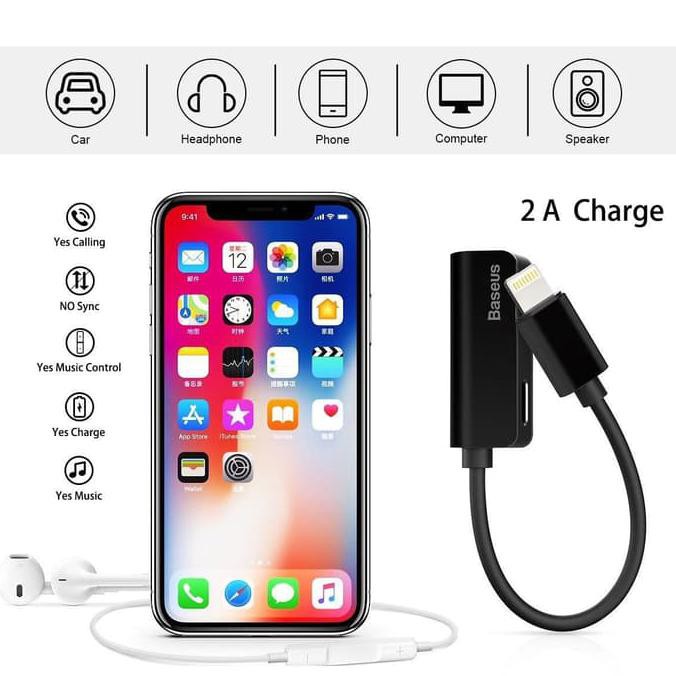 Baseus Converter Audio Iphone Lightning Audio Splitter Music & Charger Terbaru