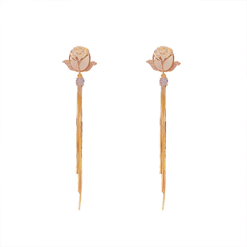 Anting Tusuk Gantung Panjang Wanita Bahan Sterling Silver 925 Desain Bunga Mawar Hias opal + Berlian Untuk Pesta