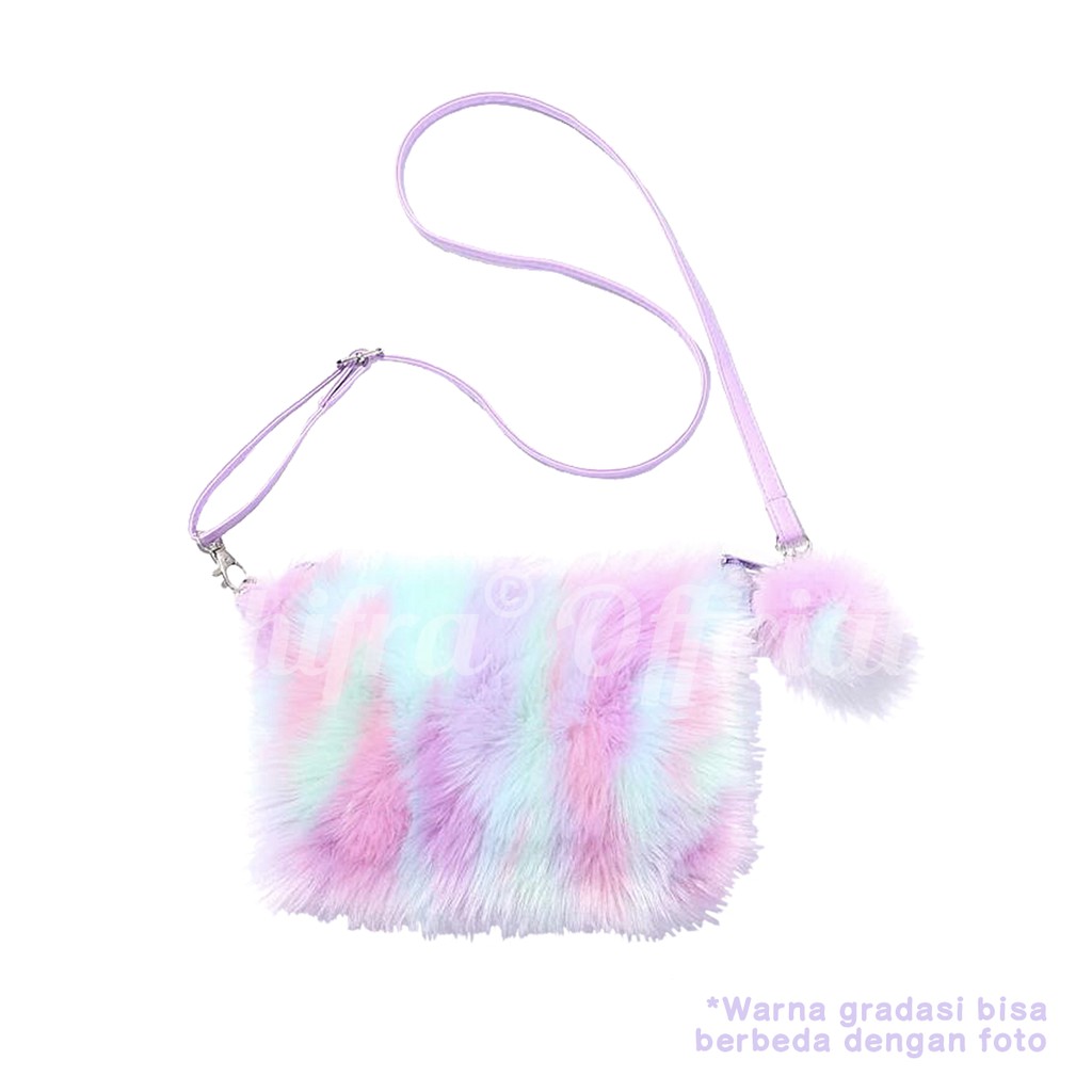 Shifra Tas Selempang Wanita Remaja Bulu Warna Gradasi Colorful