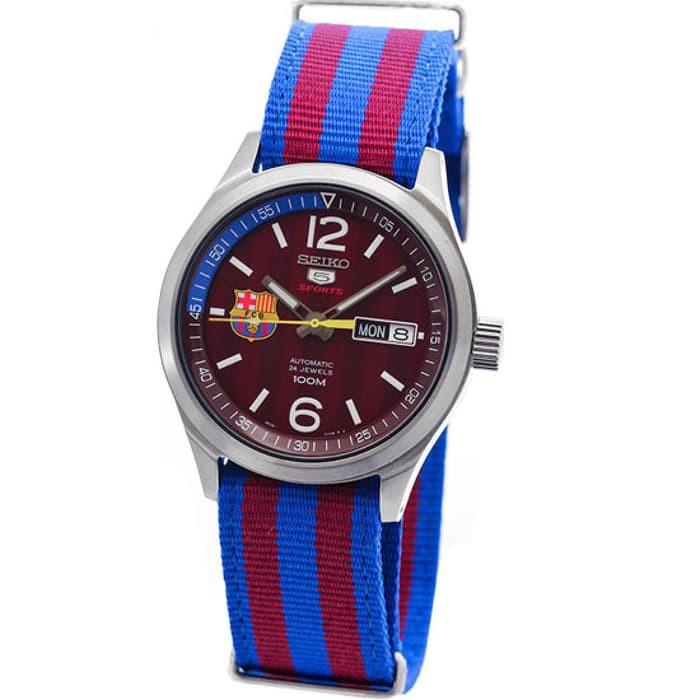 Jam Tangan Seiko 5 Men Sports Automatic SRP305 SRP305K1 Barcelona Red Patterned Dial Dual Tone Nylon
