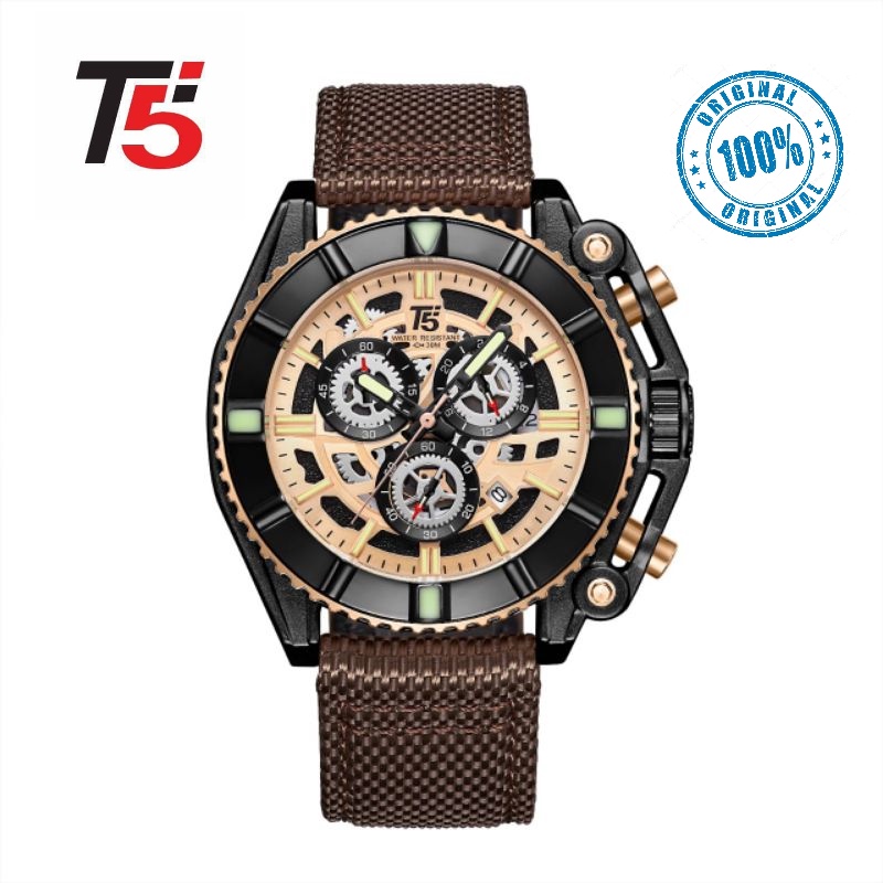 Jam tangan pria T5 H3797 original Cronograph free box strap leather-nylon T5 H 3797