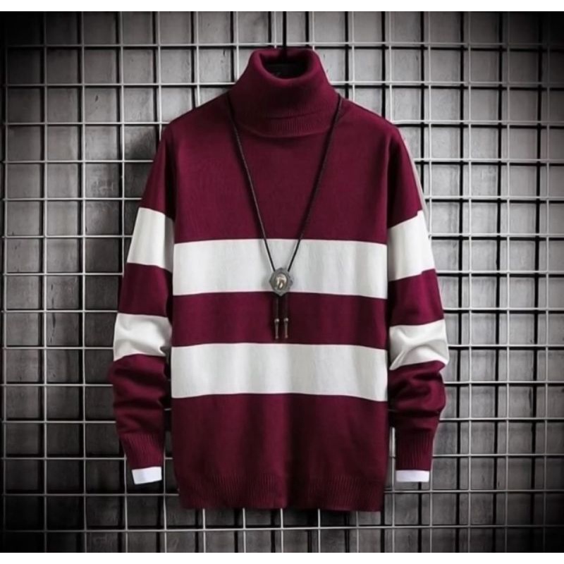 Turtle neck Pria Pullover Strip Kerah tinggi