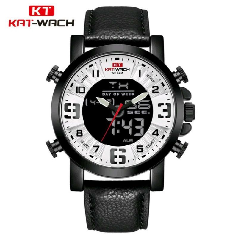 0KAT-WACH KT1845 Jam Tangan Pria Digital Analog Tali Kulit Luminous CURRENOS