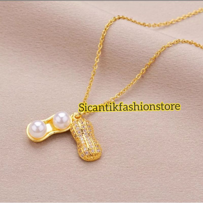 Kalung Titanium Liontin Gold Motif Kacang Fashion Wanita Terlaris Anti Karat Kalung Wanita Kekinian