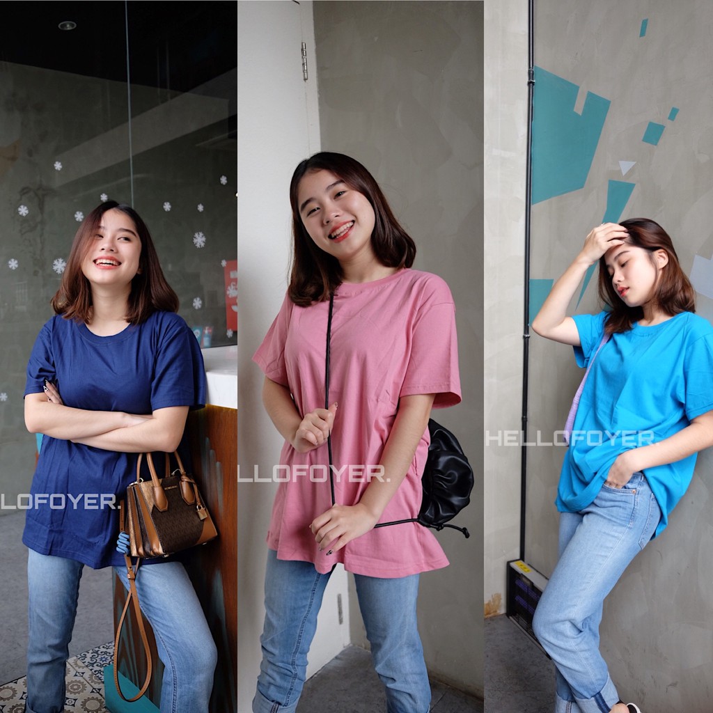 HELLOFOYER Kaos Katun - POLOS Oblong Oversize Cewek Jumbo Katun Combed 30s Tumblr Tee Tshirt Baju Bi