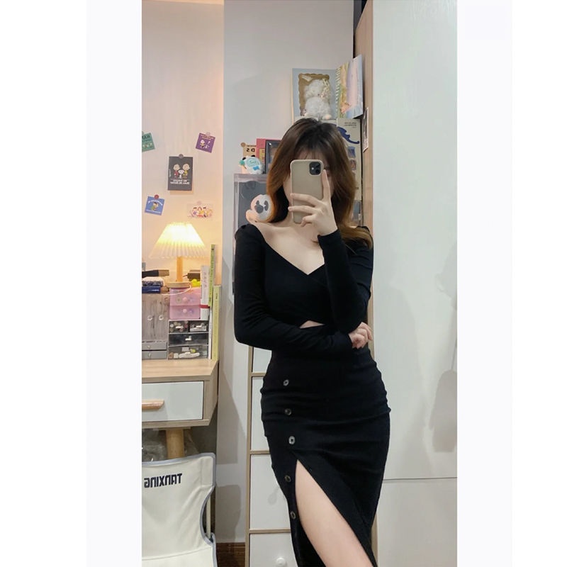 gaun gaya korea desain potongan jahitan gaun rok midi slim fit slit menunjukkan panjang kaki paket r