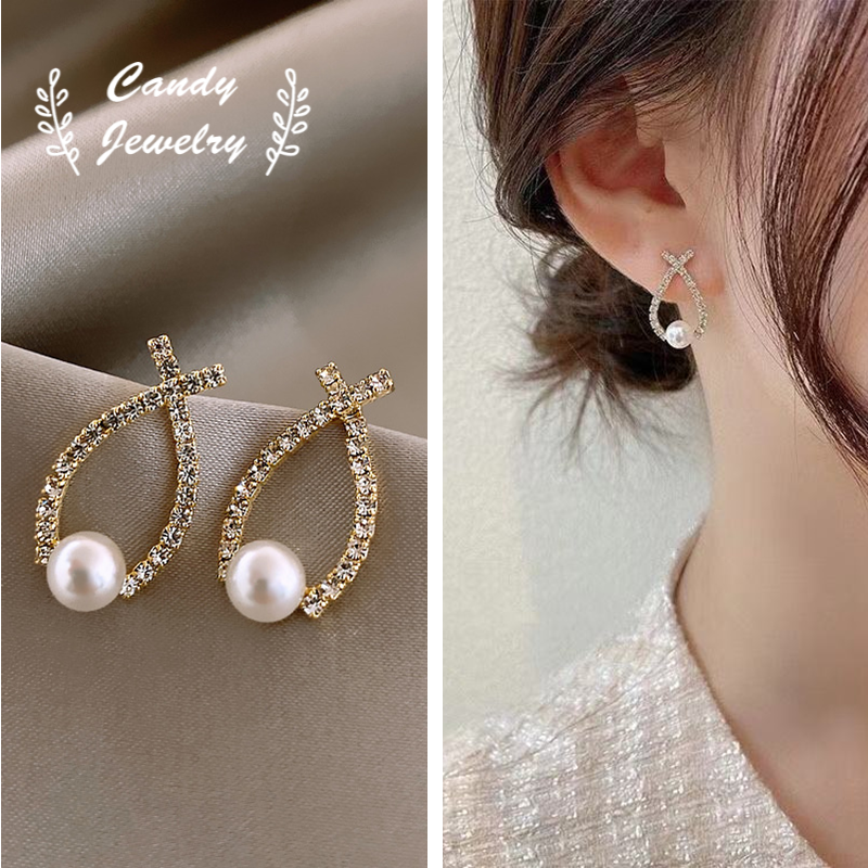 Korea Berlian Imitasi Geometris Silang Mutiara Anting Giwang Untuk Wanita Gadis Fashion Telinga Perhiasan Hadiah Permen JEWELRY