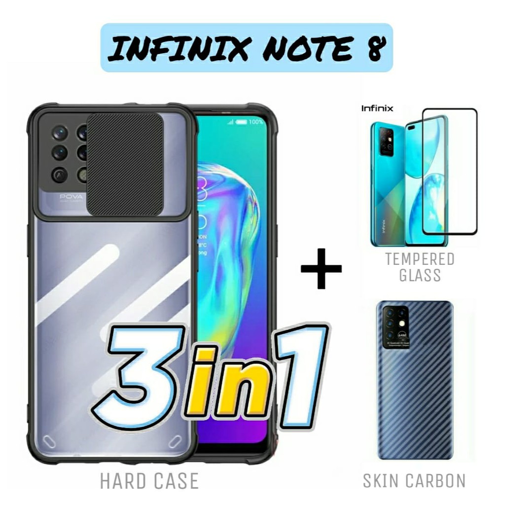 Case Infinix Note 8 Hardcase Premium Fusion Sliding Promo 3In1 Tempered Glass dan Garskin Carbon