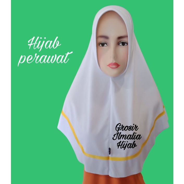Hijab Suster Terbaru/Jilbab Bidan/Kerudung Perawat/Bergo Instan DinKes, Stikes/Busa Antem Garis Full-Pita Kuning 30